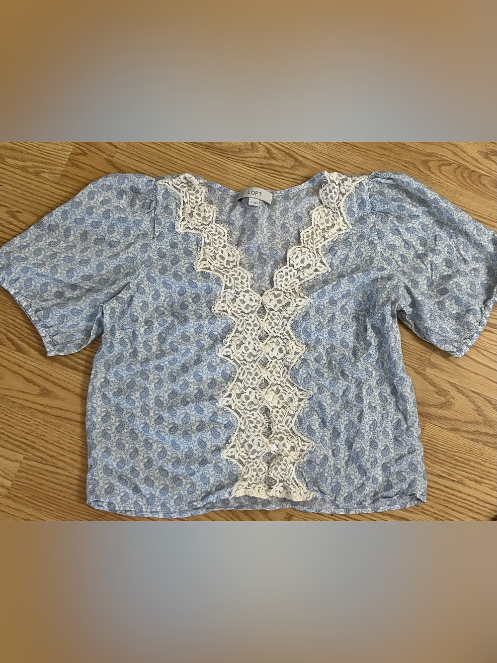 LOFT Light Blue Floral Lace-Front Peasant Top